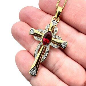 Camrose Kross Necklace Jackie Kennedy Gold Red Clear Rhinestone Cross Pendant